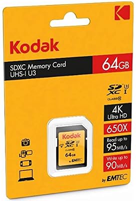 Kodak SDXC 64GB Class10 U3 mémoire Flash 64 Go Classe 10 UHS-I - Mémoires Flash (64 Go, SDXC, Classe 10, UHS-I, 95 Mo/s, Noir)