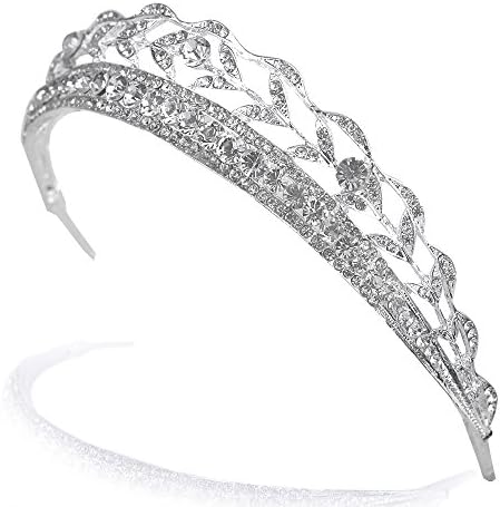 Yilanair Wedding Bridal Tiara Crystal Silver Leaf Pageant Crown Veil Headband