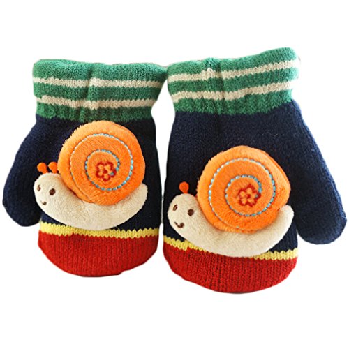 Pandaren® baby boy girl infant super warm wool yarn knit mittens for kids 2-6 years (Snail) (Darkblue)