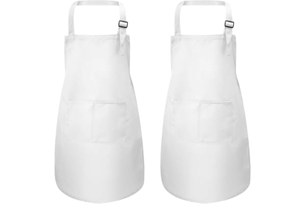 2Pièces Blanc Tablier Enfants avec Poches, Réglables Kids Tablier de Chef pour Garçons Filles, Bambin Tablier de Cuisine Cuisson, Enfant d'artiste Tablier pour Artisanat Peinture BBQ (7-13 Ans)