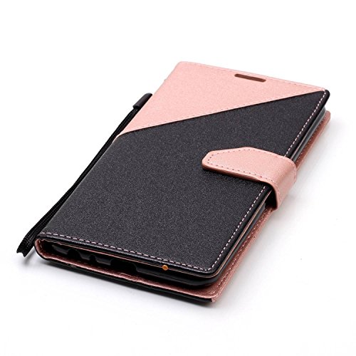 LG Stylus 2 Hülle,LG LS775 Leder Case,Sunroyal PU Leder Brieftasche Schutzhülle Tasche Handyhülle Schutz Hüllen im Bookstyle Ledertasche mit Stand Funktion Kartenfächer Magnetverschluss Magnet Etui Schale Schutzhüllen,Retro Schwarz Rose Gold Muster Entwurf Flip Klapp Cover Tasche mit Strap Kartensteckplatz Hinterschale Kartenschlitz mit Silikon Kratzfest für LG Stylus 2 LS775/LG G Stylo 2 + HD Super Klare Displayschutzfolie - 6
