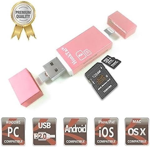 HonkTai SD TF Card Reader Lightning Micro USB Connector, External Storage Memory Expansion for iPhone/iPad/Android phones/Mac/PC -Rose Gold