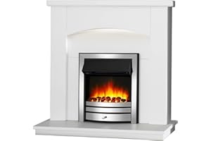 ENDEAVOUR FIRES AND FIREPLACES Endeavour Fires New Cayton Electric 42"Fireplace Suite, fitted with Chrome Trim and Fret, 220/240Vac 1&2kW with 7 day Programmable Remote Control Heater in off white MDF Surround
