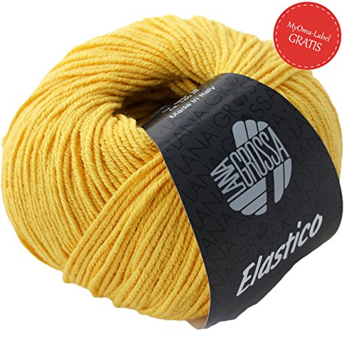 Elastico Lana Grossa * Sommerwolle zum Stricken gelb Fb 107 * Lana Grossa Wolle Elastico - Mischgarn Wolle - 50g/160m - Nadelstärke 3,5 - 4,5 - Elastico Wolle - GRATIS MyOma Label