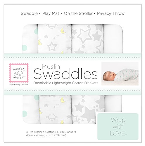 SwaddleDesigns X-Large Muslin Swaddle Blanket, Goodnight Starshine (Set of 4 in Sterling)