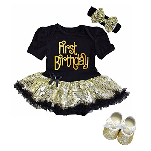 Kirei Sui Baby Gold Sparkle First Birthday Bodysuit Tutu Shoes Large Black