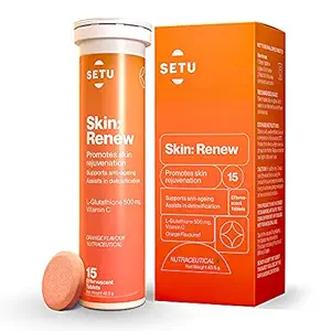 Setu Gluta Fizz, Skin Renew Glutathione 500 mg With Vitamin C, Supports Detoxification, Sugar-Free, Orange Flavour, 15 Effervescent Tablets