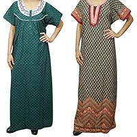 Mogul Interior Womens Nightgown Maxi Dress Bohemian Printed Cotton 2pc Night Wear Caftan XL Yellow,Green
