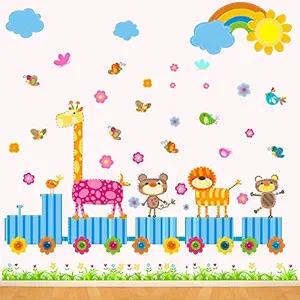 WALLSTICKS  Cute Animals On Toy Train - Giraffe - Lion - Teddy - Bird - Butterfly - Sun - Rainbow - Baby - Kids - Play - School - Nursery - Wall Sticker  - WS027 (PVC Vinyl - 100 cm X 100 cm)