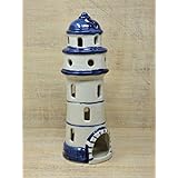 Handgefertigter Teelicht Leuchtturm aus Keramik, Unikat, handbemalt , H: 28cm, frostsicher