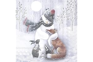 SERVIETTEN WEIHNACHTEN Lot de 20 serviettes de table Bonhomme de neige entouré tous - Renard - Lapin - Animaux - Hiver - Noël - Décoration de table 33 x 33 cm