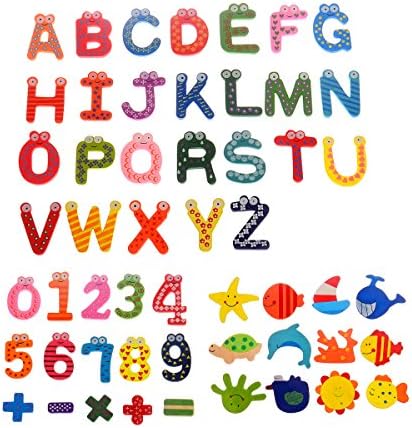 Ymwave 53 Set Wooden Fridge Magnets,26 A-Z Alphabet Magnetic Letters Words,15 Numbers,12 Funky Fun Cartoon,Kid Educational Learning
