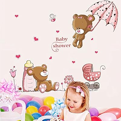ufengke® Ours Mignons de Bébé et Parapluie Fleurs Stickers Muraux, La Chambre des Enfants Pépinière Autocollants Amovibles