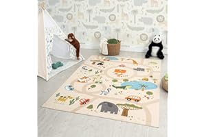 ‎THE CARPET the carpet Happy Life – Kinderteppich Spielteppich mit Straßen‑Motiv, Dschungel, Tiere & Autos, rutschfest & pflegeleicht, ideal fürs Kinderzimmer, Beige, 100 x 200 cm