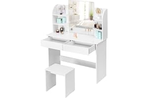WOLTU Tocador de Maquillaje con Taburete y Espejo, Tocadores Brillante, Mesa de Maquillaje con 2 Cajones y 4 Estantes, 108x40x142cm, Blanco MB6044ws