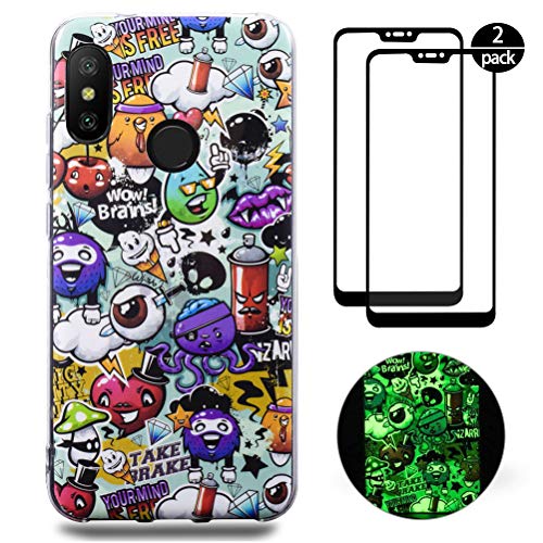 XinYue Funda Xiaomi Mi A2 Lite + [2 Pack] Cristal Templado, Carcasa Luminoso de Silicona Ultra Fino Funda Ligero Anti-Rasguño Anti-Golpes para Xiaomi Mi A2 Lite - Cute Monster