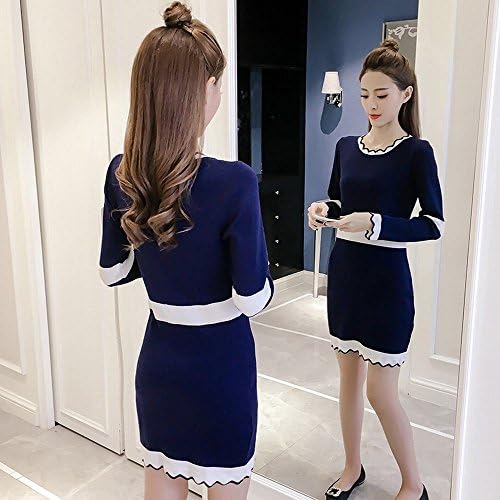 Y dress Autumn and Winter Stripe Color Knit Dress Clothing Long Section Sweater,Blue,All code