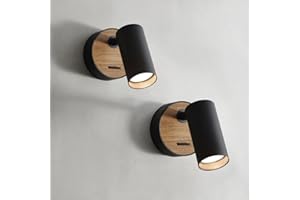 ouglres Nero Lampada Da Parete Con Interruttore, 2 Pack Lampada Da Parete In Legno In Design Retro Wall Spot In Alluminio,Interior Lighting Soggiorno Camera Da Letto, Gu10 (Lampadina Non Inclusa)