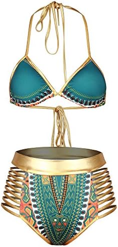 DPWELL Women Metallic High Waist 2pcs Swimsuit Swimwear African Print Bikini Set Halter Swimwear Push-Up Padded Bra Beachwear