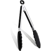 Kitchen Tongs with Silicone Tips, Stainless Steel Handle, Black | Heat Resistant, Cooking, Buffet, Salad Serving, 23 cm
