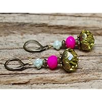 Vintage Ohrringe mit Glasperlen - oliv, pink & bronze