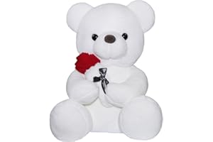 SNOWOLF Ours Peluche Ours Teddy Bear avec Rose, Mignon Juet en Peluche Oreiller Ours Cadeau de Poupée pour Enfants Garçons Filles Anniversaire Noël Saint Valentin,White(23cm, Blanc)