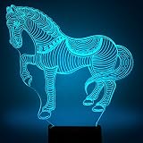Tiere Pferd 3D Optische Illusions-Lampen, FZAI Tolle 7 Farbwechsel Acryl berühren Tabelle Schreibtisch-Nachtlicht mit 150 cm USB-Kabel für Kinder Schlafzimmer Geburtstagsgeschenke