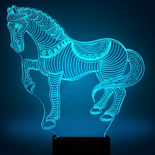 Tiere Pferd 3D Optische Illusions-Lampen, FZAI Tolle 7 Farbwechsel Acryl berühren Tabelle Schreibtisch-Nachtlicht mit 150 cm USB-Kabel für Kinder Schlafzimmer Geburtstagsgeschenke