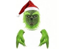 HFAN Christmas Grinch mask, Grinch Decorations, Christmas Mask and Gloves With Red Hat Anime Cosplay, Grinch Costume for Halloween Xmas Funny Carnival Party Full Face Latex Helmet Costume Props