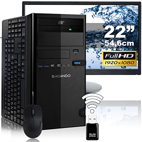 AGANDO Silent Multimedia PC-Komplettpaket | Intel Core i5 7500 4x 3.4GHz | Turbo 3.8GHz | Intel HD Grafik 1.7GB | 4GB RAM | 500GB HDD | DVD-RW | USB3.1 | 55cm (22") TFT | Tastatur | Maus | WLAN | 36 Monate Garantie | Computer für Multimedia, Gaming, Büro/Office