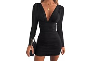 EMOTTOS Women Mini Wrap Dress, Sexy Hip-Hugging Ruched Dresses, Col V Profond et Doux/Une épaule Robe Fourreau Bodycon à Manches Longues, Mini Robe Tube à Haute soirée Cocktail (2 modèles, S-L)