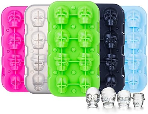 3D Skull Ice Mold-Food Grade Flexible Silicone Tray with Lid, Makes 8 Exquisite skull Ice Cubes for Your Whisky or Drinks- Jelly,Candy,Chocolate Mold. Awesome Halloween Gift for Kids,Friends. BPA Free. (4 Funnels attached)(Green)