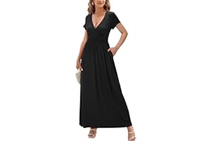 OUGES Women's Summer Spring Maxi Dress V Neck Short/Long Sleeve Ladies Casual Long Wrap Dress with Pockets