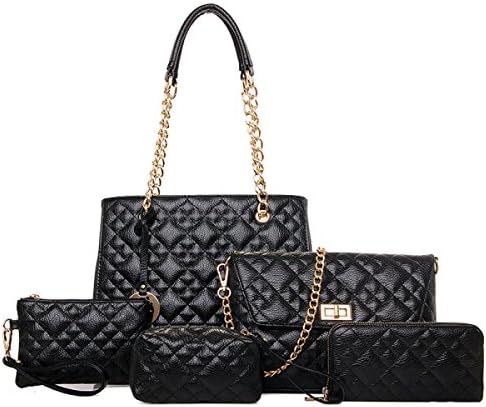 Women PU Leather Handbags New Five-piece Sets Quilted Chain Bag Fashion Shoulder Messenger Bag Mother Package,Black-OneSize