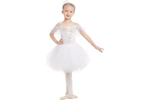 IWEMEK Kids Girls Ruffle Sleeve Lace Flower Tutu Ballet Dress + Hair Clip Gymnastics Leotard Dance Ballerina Costume Fairy Swan Skating Children Dancewear Ballroom Dancer Costume
