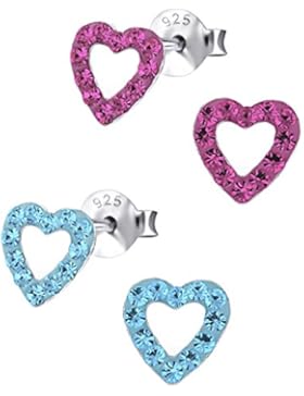 2 Paar Kinder Ohrringe 925 Silber Mädchen Ohrstecker Herzen Glitzer Kristall 6mm