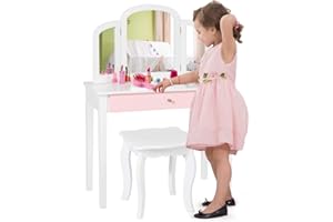 COSTWAY Juego de Tocador con Mesa Taburete para Niños, Set Tocador para Niñas con Espejo Tripartido y Cajón Grande, Escritorio Desmontable 2 en 1 para Leer y Escribir (Blanco)