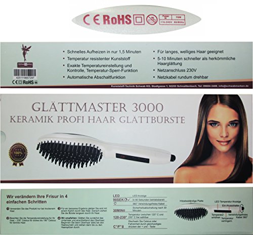 Professionelle Elektrische Glättbürste mit CE und RoSH Haarglätter Haarbürste Hair Straightener Stylingbürste für lange Haare mit LCD Anzeige, Farbe Weiss incl. 1 Detangler in Pink mit deutschsprachiger Bedienungsanleitung - 7
