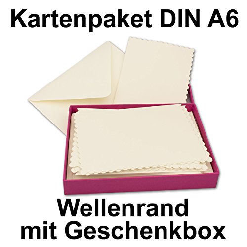 Kartenpaket DIN A6 / C6 mit Wellenrand | Cremefarben | 24 Sets | Doppel-Karten mit welligem Rand & Briefumschläge, 14,8 x 10,5 cm | mit hochwertiger Geschenkbox | bedruckbare Postkarten | ideal für Weihnachten, Grußkarten und Einladungen