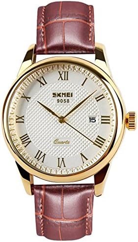 Mens Wrist Watches with Brown Geniue Leather Strap, Fashion Gold Analogue Quartz Watch with Calendar Date Window, Waterproof Classic Casual Business Large Face Gents Watch for Men by RSVOM