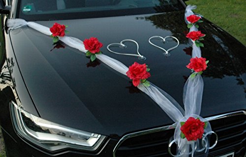 ORGANZA M + HERZEN Auto Schmuck Braut Paar Rose Deko Dekoration Autoschmuck Hochzeit Car Auto Wedding Deko Ratan (Rot / Weiß / Weiß) - 2