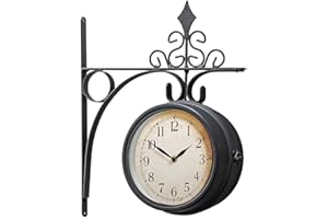 PaMeer Dual faced Station Clock, Round Wall Hanging Double Sided Garden Clock, Wall-Mounted Retro Train Station Clock, Outdoor Clocks Vintage Metal Numeral Garden Clock (Black)