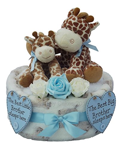 Sibling New Baby Brother / Big Brother One Tier Blue Giraffe Nappy Cake Baby Gift with FREE UK Delivery