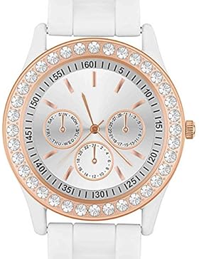 Taffstyle Damen Armbanduhr Silikon mit Strasssteinen Chronograph Silikonarmband Designer Analog Uhr Rosegold Weiß