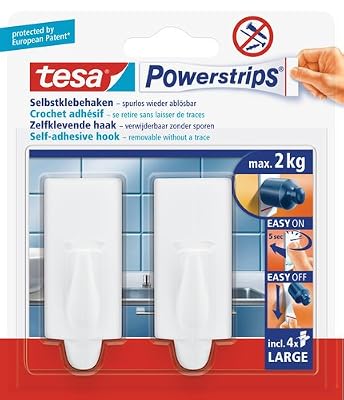 tesa Powerstrips 2 crochets modernes rectangulaires blanc+ 4 Languettes LARGE