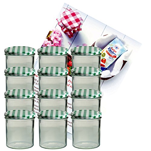 12er Set Sturzglas 350 ml Marmeladenglas Einmachglas Einweckglas To 82 grün karierter Deckel incl. Diamant-Zucker Gelierzauber Rezeptheft