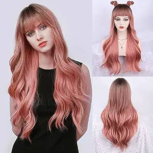 FORCUTEU Ombre Pink Wig with Bangs Long Wavy Pink Wigs for Women Pink Synthetic Wig Long Pink Wave Heat Resistant Hair Wigs for Daily Party Cosplay (Ombre Black to Pink)