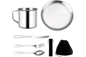 ANICY Posate da Campeggio per 1 Persona - 7 Pezzi Pentole Campeggio, Piatti Campeggio in Acciaio Inox, Tazza Piatto e Posate, con Tasca Nera, Stoviglie da Campeggio, Kit Campeggio