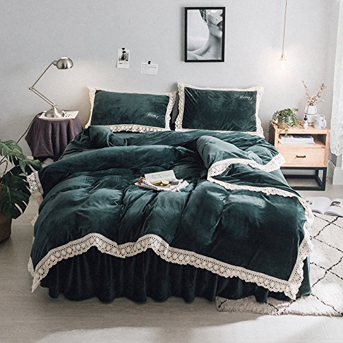 Autumn and winter color coral velvet four piece thick warm quilt. The baby princess wind Edelweiss cashmere bed skirt edge,Bed skirt,Pandora Emerald,2.0m (6.6 feet) bed