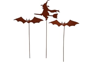 UNUS Witch with Bats Garden Stake, Set of 3, Garden Decoration, Rust Look, Patina Metal Rust Stakes, Rust Decoration for Garden, Patio, Balcony, Flower Pot